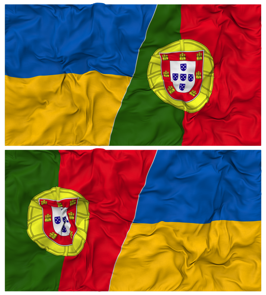 Portugal and Ukraine Half Combined Flags Background with Cloth Bump Texture, Bilateral Relations, Peace and Conflict, 3D Rendering png