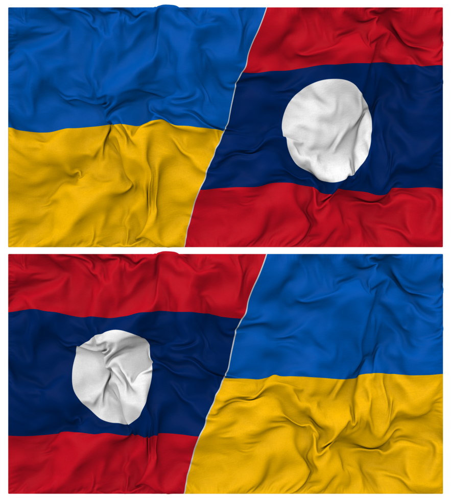 Laos and Ukraine Half Combined Flags Background with Cloth Bump Texture, Bilateral Relations, Peace and Conflict, 3D Rendering png