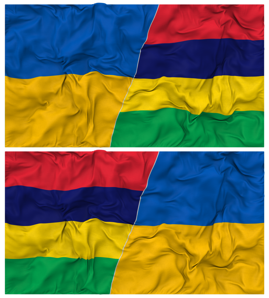 Mauritius and Ukraine Half Combined Flags Background with Cloth Bump Texture, Bilateral Relations, Peace and Conflict, 3D Rendering png