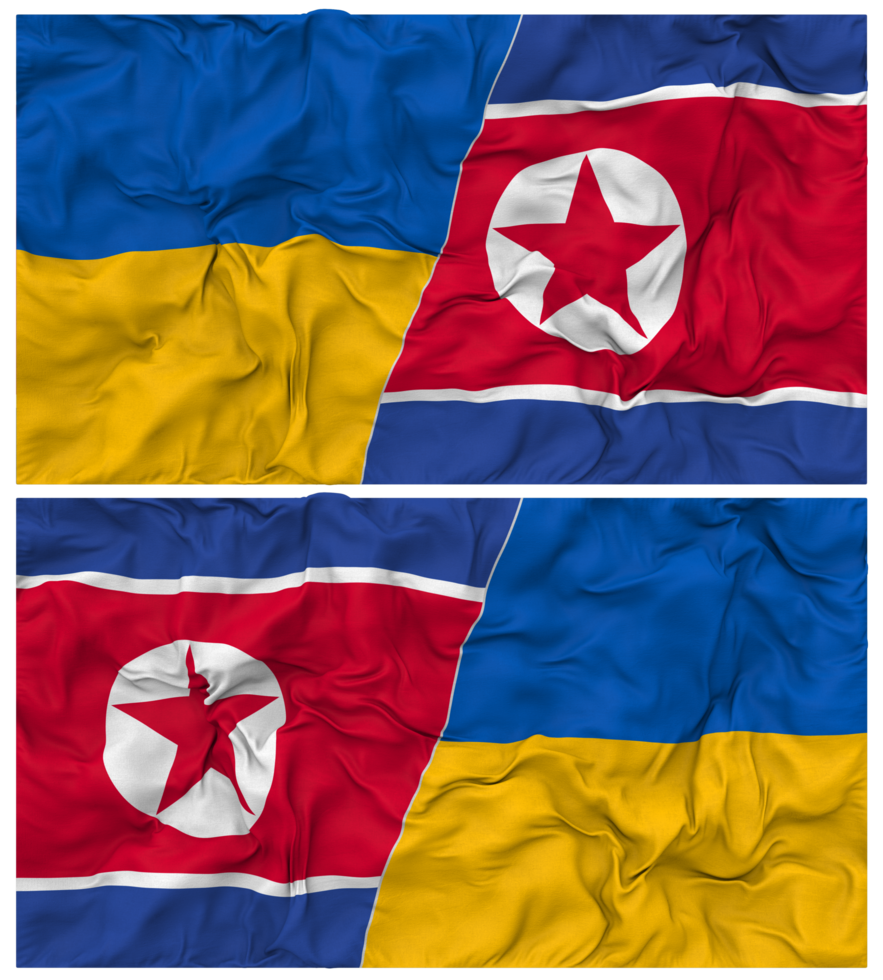 North Korea and Ukraine Half Combined Flags Background with Cloth Bump Texture, Bilateral Relations, Peace and Conflict, 3D Rendering png