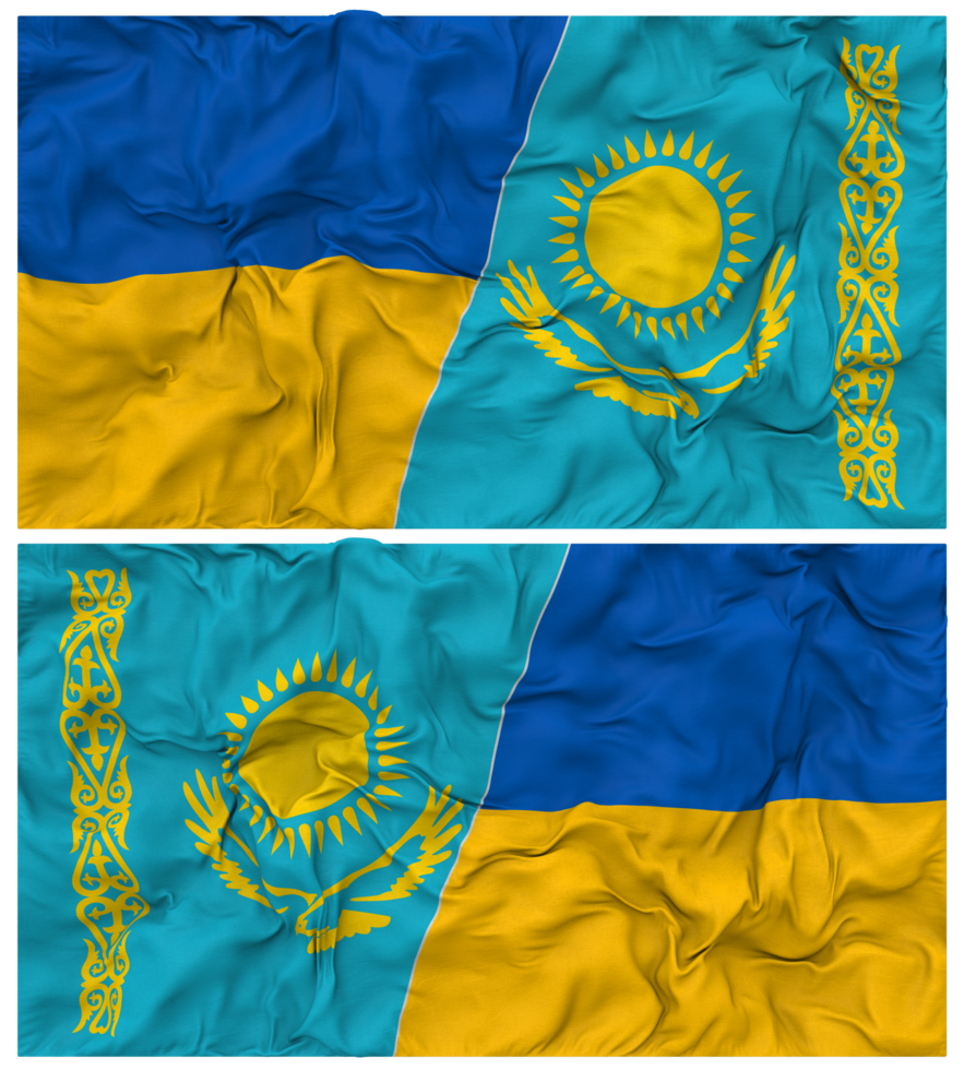 Kazakhstan and Ukraine Half Combined Flags Background with Cloth Bump Texture, Bilateral Relations, Peace and Conflict, 3D Rendering png