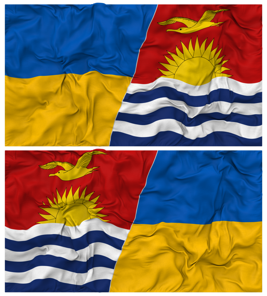 Kiribati and Ukraine Half Combined Flags Background with Cloth Bump Texture, Bilateral Relations, Peace and Conflict, 3D Rendering png