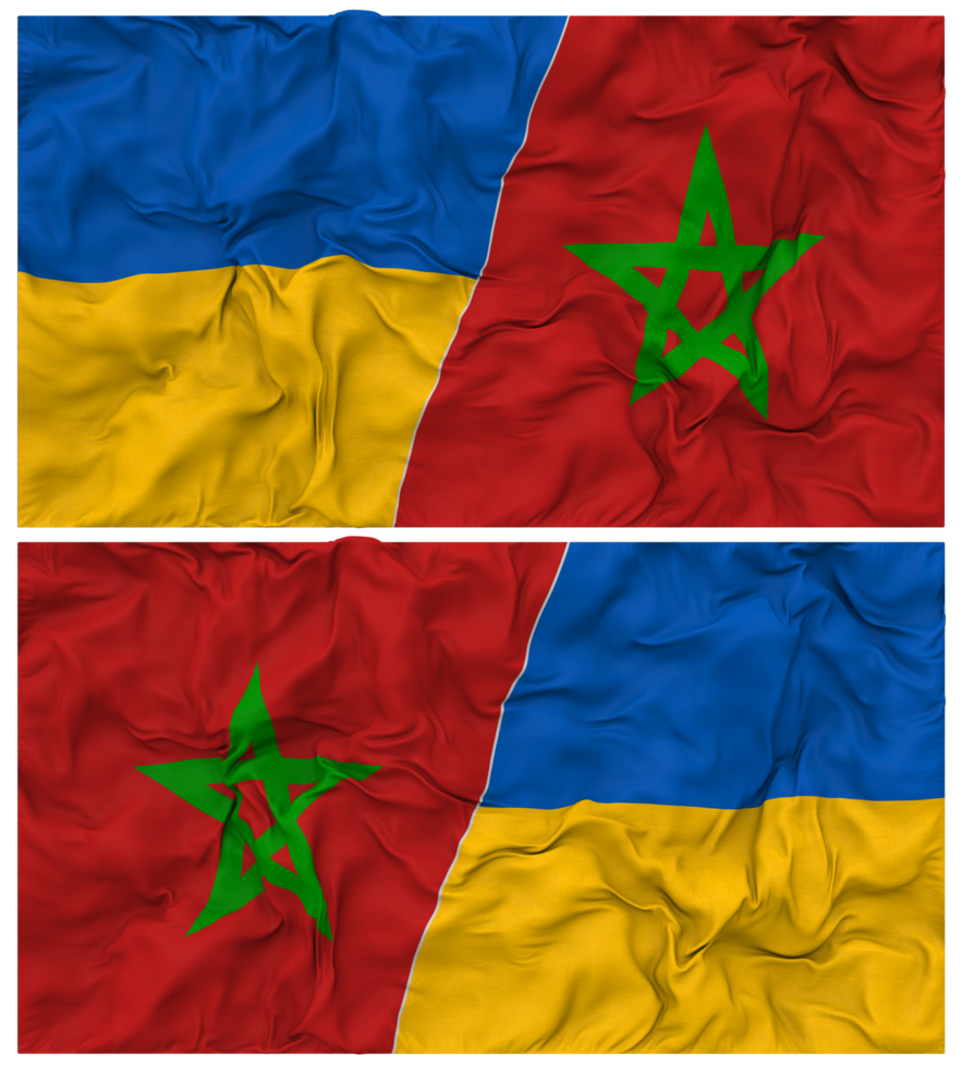 Morocco and Ukraine Half Combined Flags Background with Cloth Bump Texture, Bilateral Relations, Peace and Conflict, 3D Rendering png