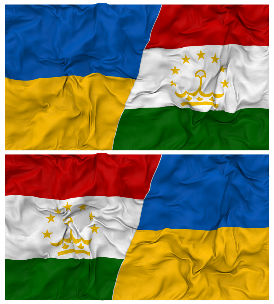 Tajikistan and Ukraine Half Combined Flags Background with Cloth Bump Texture, Bilateral Relations, Peace and Conflict, 3D Rendering png