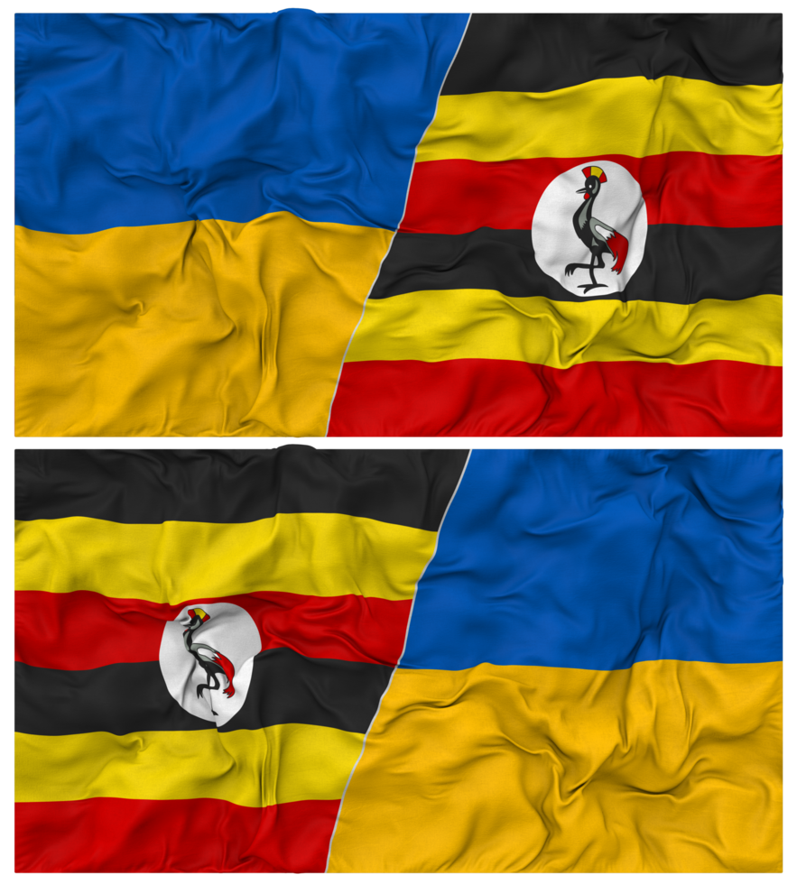 Uganda and Ukraine Half Combined Flags Background with Cloth Bump Texture, Bilateral Relations, Peace and Conflict, 3D Rendering png