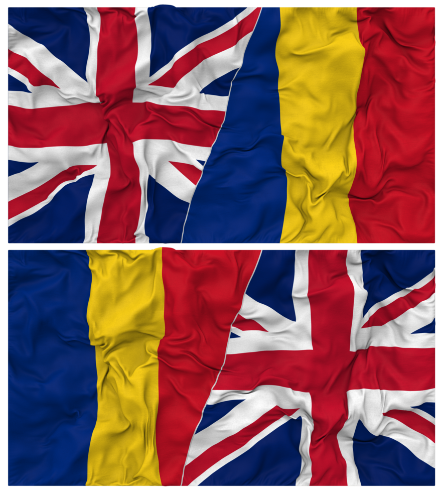 Romania and United Kingdom Half Combined Flags Background with Cloth Bump Texture, Bilateral Relations, Peace and Conflict, 3D Rendering png