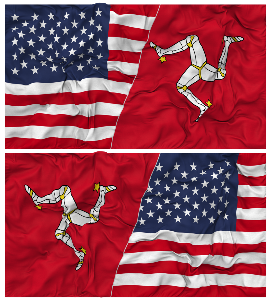Isle of Man and United States Half Combined Flags Background with Cloth Bump Texture, Bilateral Relations, Peace and Conflict, 3D Rendering png
