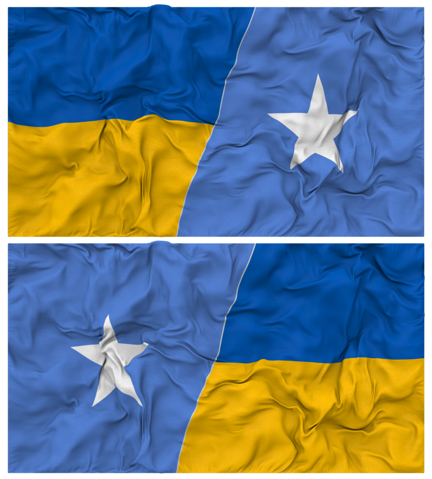 Somalia and Ukraine Half Combined Flags Background with Cloth Bump Texture, Bilateral Relations, Peace and Conflict, 3D Rendering png