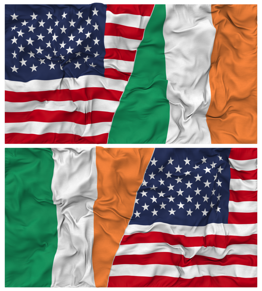Ireland and United States Half Combined Flags Background with Cloth Bump Texture, Bilateral Relations, Peace and Conflict, 3D Rendering png