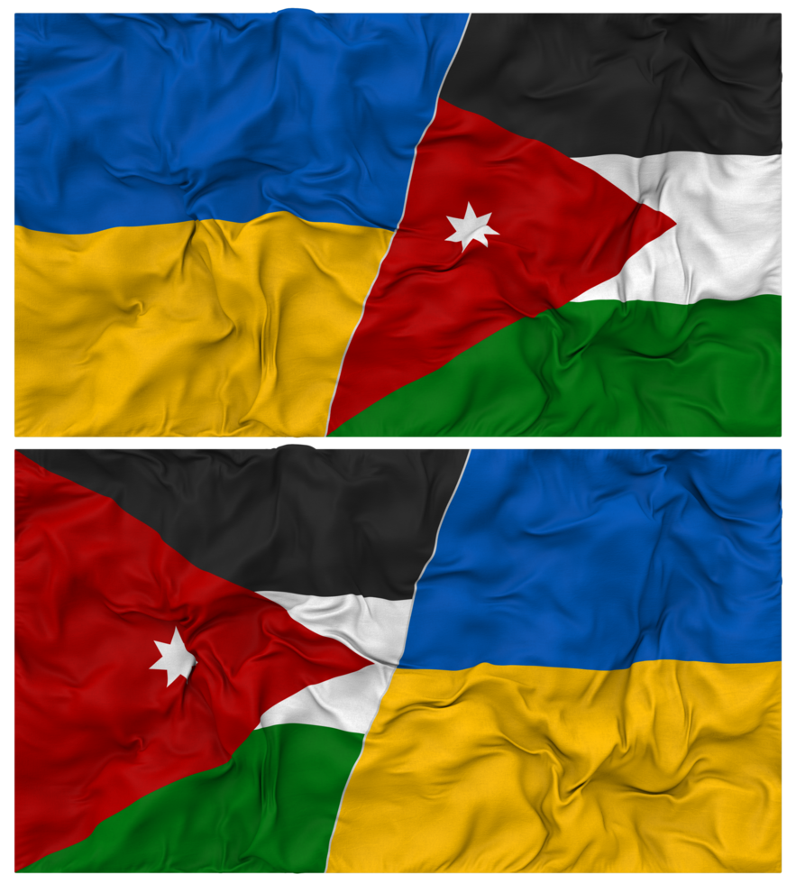 Jordan and Ukraine Half Combined Flags Background with Cloth Bump Texture, Bilateral Relations, Peace and Conflict, 3D Rendering png