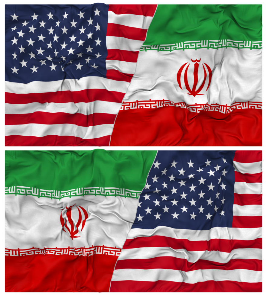 Iran and United States Half Combined Flags Background with Cloth Bump Texture, Bilateral Relations, Peace and Conflict, 3D Rendering png