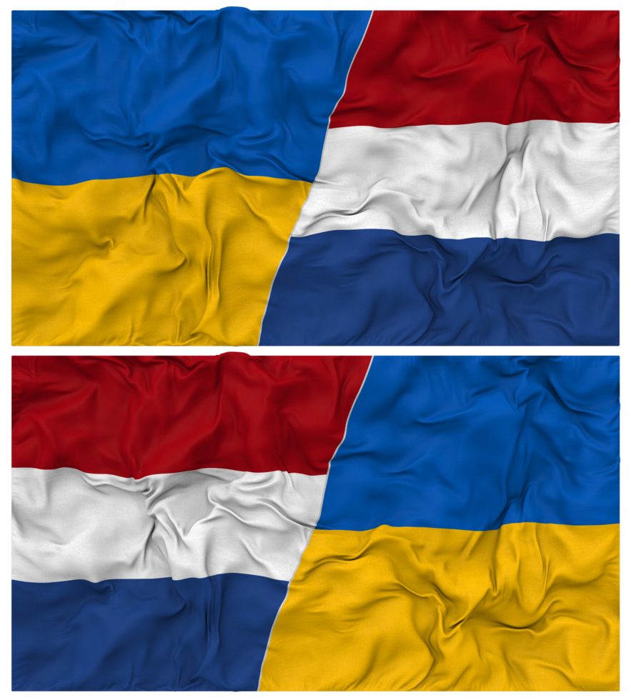 Netherlands and Ukraine Half Combined Flags Background with Cloth Bump Texture, Bilateral Relations, Peace and Conflict, 3D Rendering png