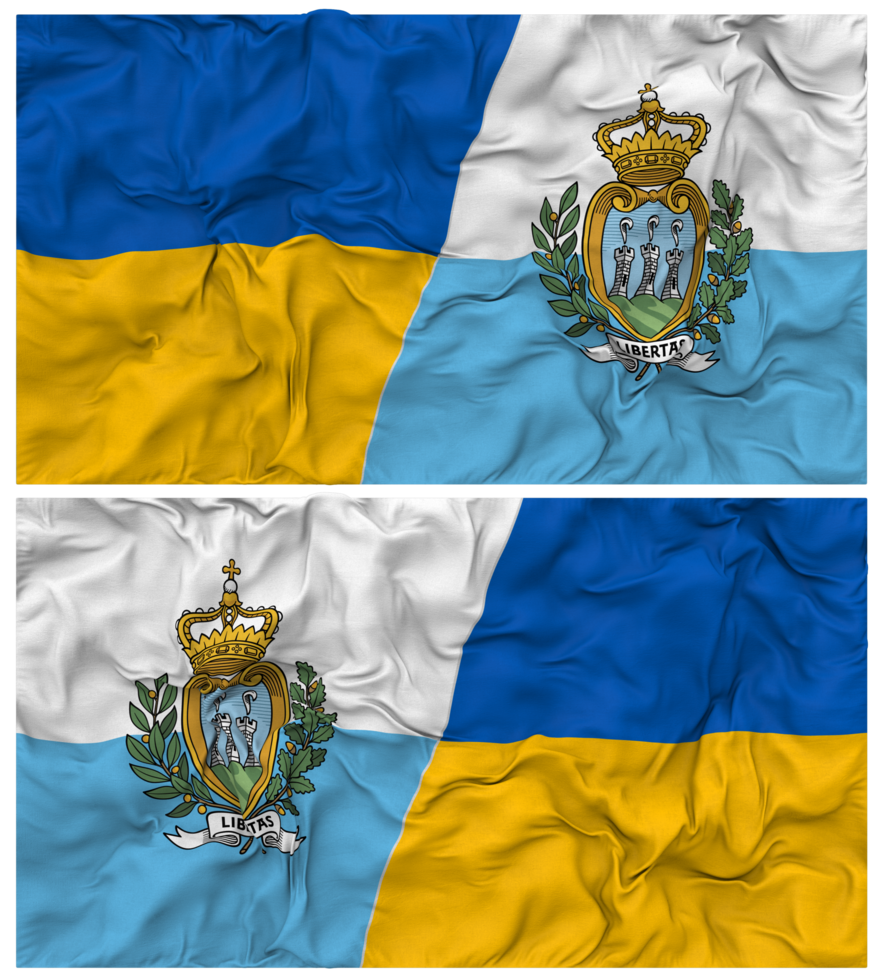 San Marino and Ukraine Half Combined Flags Background with Cloth Bump Texture, Bilateral Relations, Peace and Conflict, 3D Rendering png