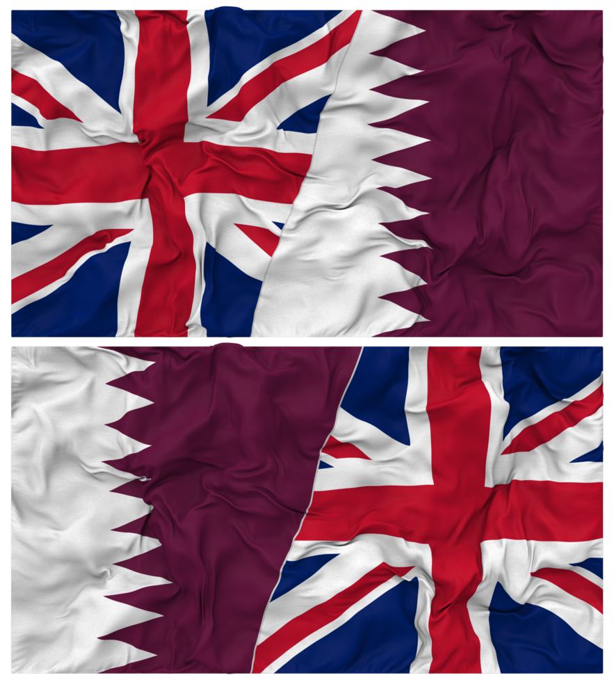 Qatar and United Kingdom Half Combined Flags Background with Cloth Bump Texture, Bilateral Relations, Peace and Conflict, 3D Rendering png