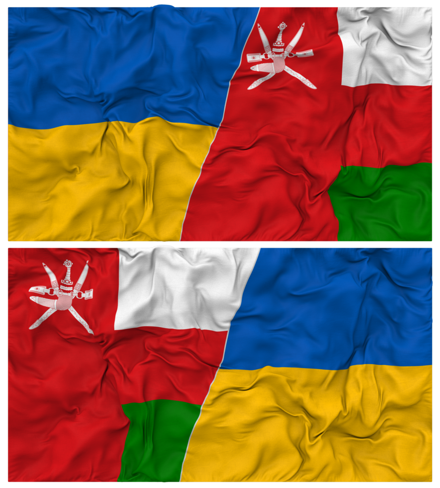 Oman and Ukraine Half Combined Flags Background with Cloth Bump Texture, Bilateral Relations, Peace and Conflict, 3D Rendering png