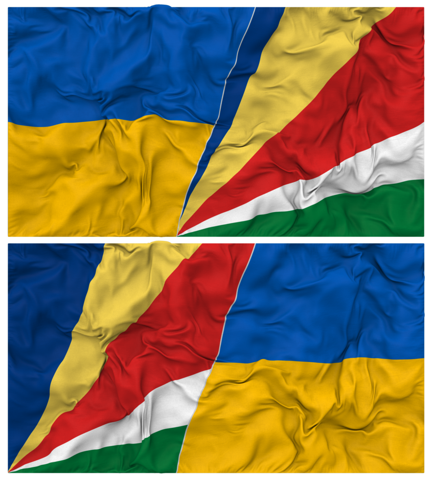 Seychelles and Ukraine Half Combined Flags Background with Cloth Bump Texture, Bilateral Relations, Peace and Conflict, 3D Rendering png