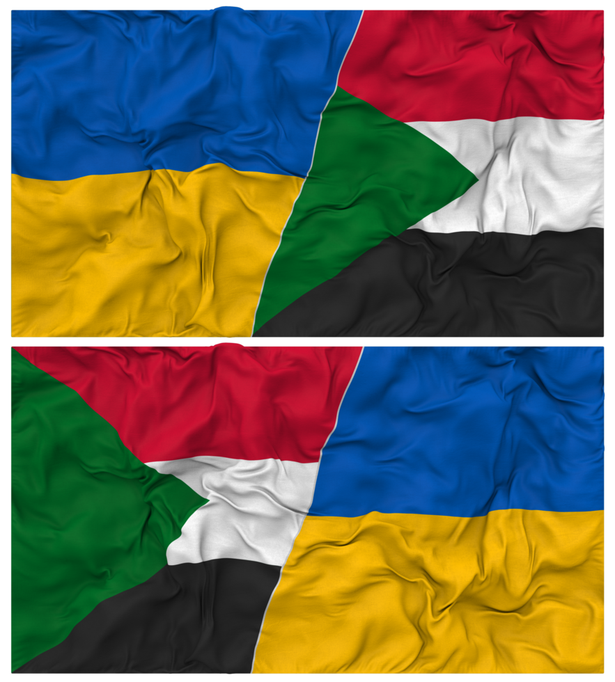 Sudan and Ukraine Half Combined Flags Background with Cloth Bump Texture, Bilateral Relations, Peace and Conflict, 3D Rendering png