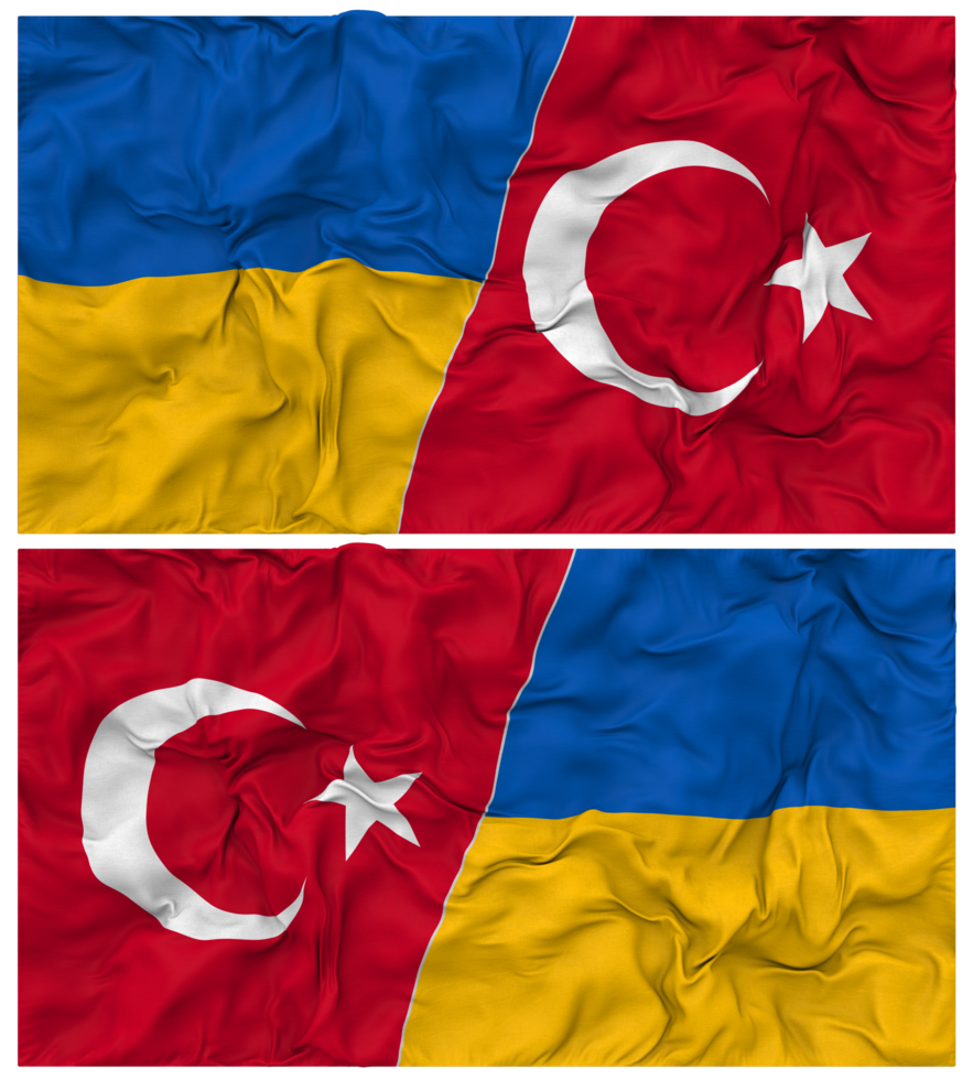 Turkey and Ukraine Half Combined Flags Background with Cloth Bump Texture, Bilateral Relations, Peace and Conflict, 3D Rendering png