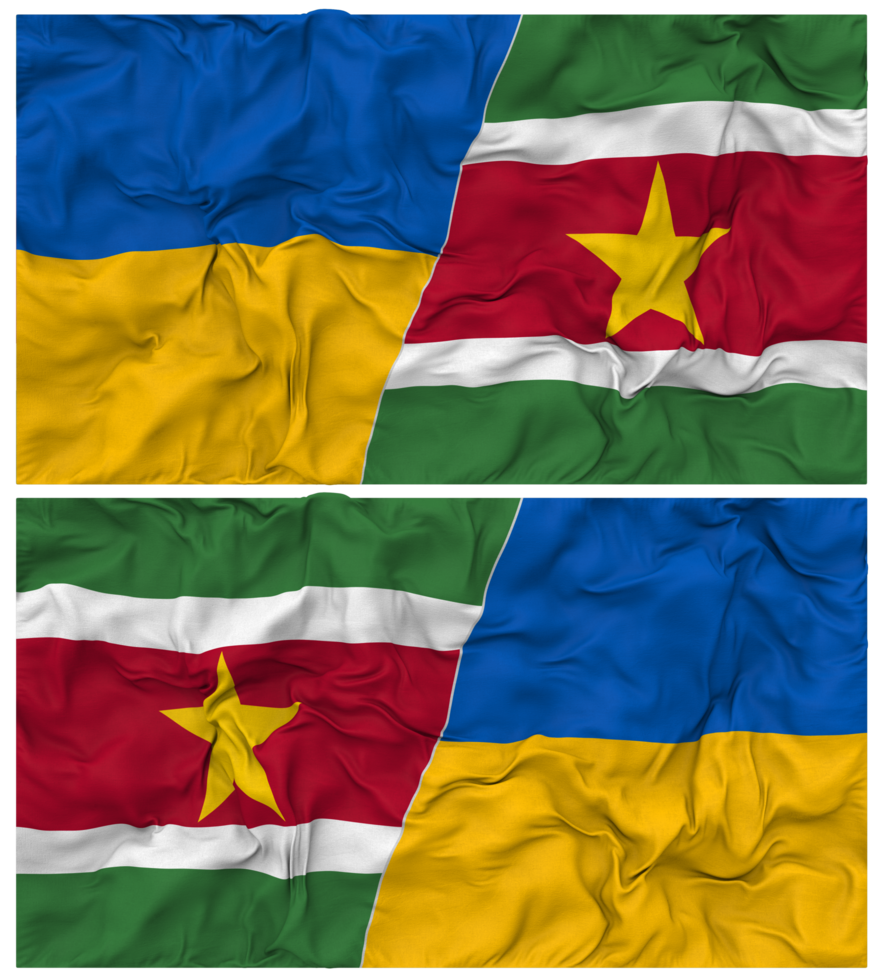 Suriname and Ukraine Half Combined Flags Background with Cloth Bump Texture, Bilateral Relations, Peace and Conflict, 3D Rendering png