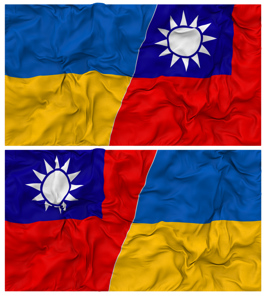 Taiwan and Ukraine Half Combined Flags Background with Cloth Bump Texture, Bilateral Relations, Peace and Conflict, 3D Rendering png