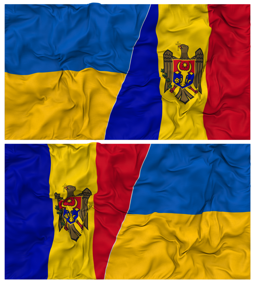 Moldova and Ukraine Half Combined Flags Background with Cloth Bump Texture, Bilateral Relations, Peace and Conflict, 3D Rendering png