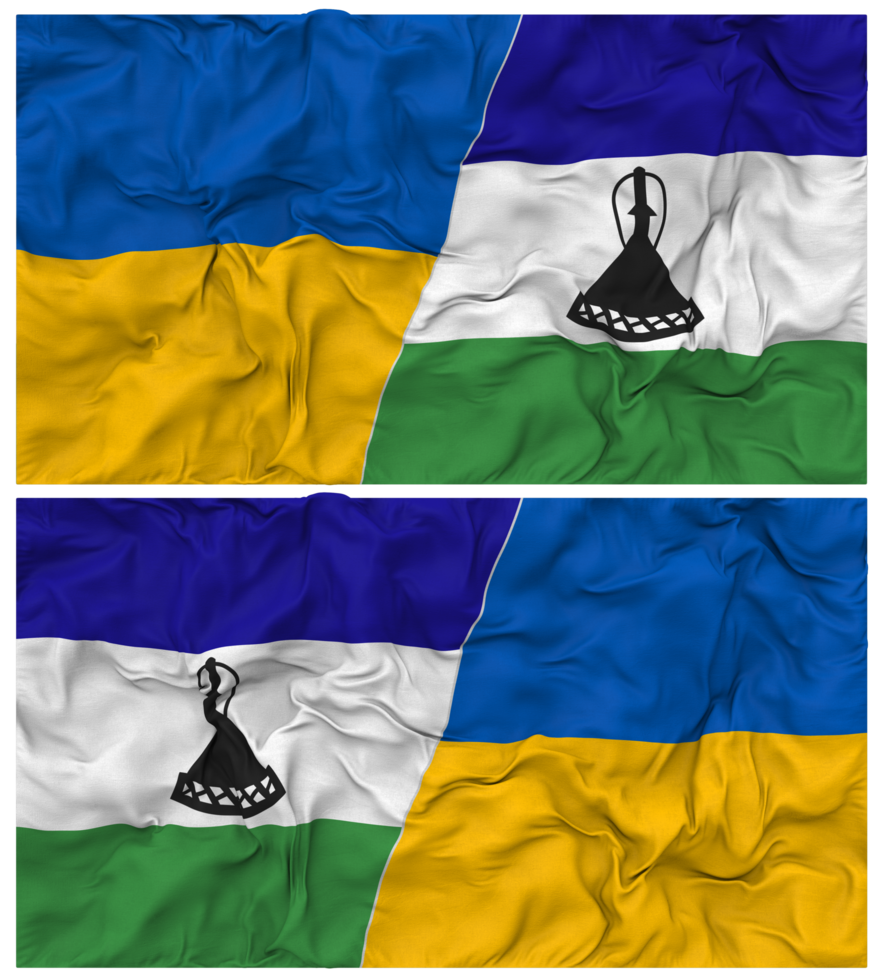 Lesotho and Ukraine Half Combined Flags Background with Cloth Bump Texture, Bilateral Relations, Peace and Conflict, 3D Rendering png