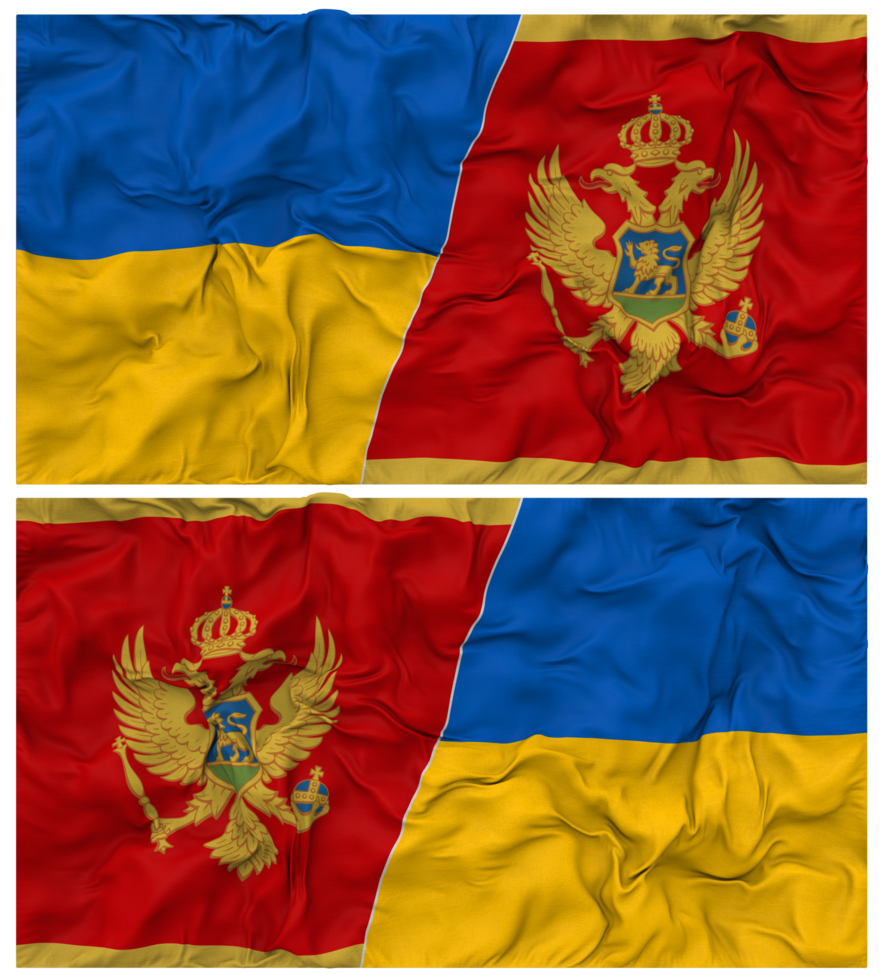 Montenegro and Ukraine Half Combined Flags Background with Cloth Bump Texture, Bilateral Relations, Peace and Conflict, 3D Rendering png