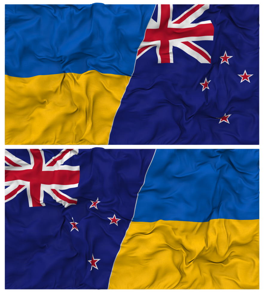 New Zealand and Ukraine Half Combined Flags Background with Cloth Bump Texture, Bilateral Relations, Peace and Conflict, 3D Rendering png