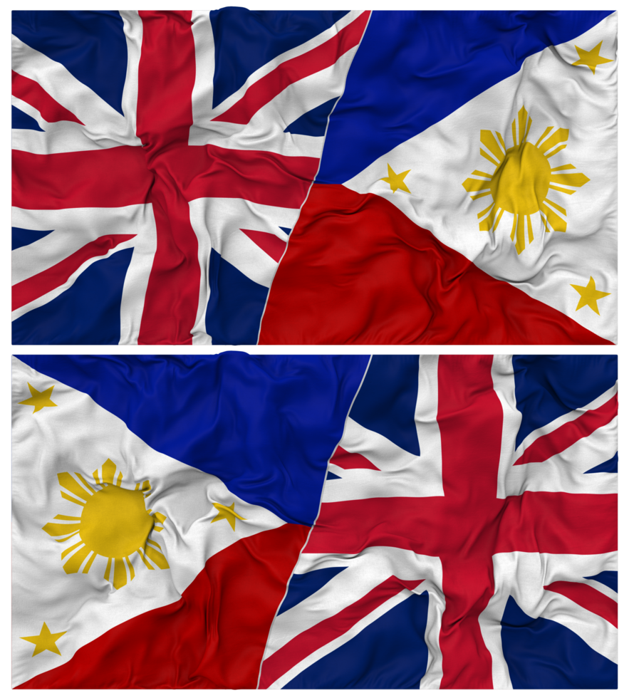 Philippines and United Kingdom Half Combined Flags Background with Cloth Bump Texture, Bilateral Relations, Peace and Conflict, 3D Rendering png
