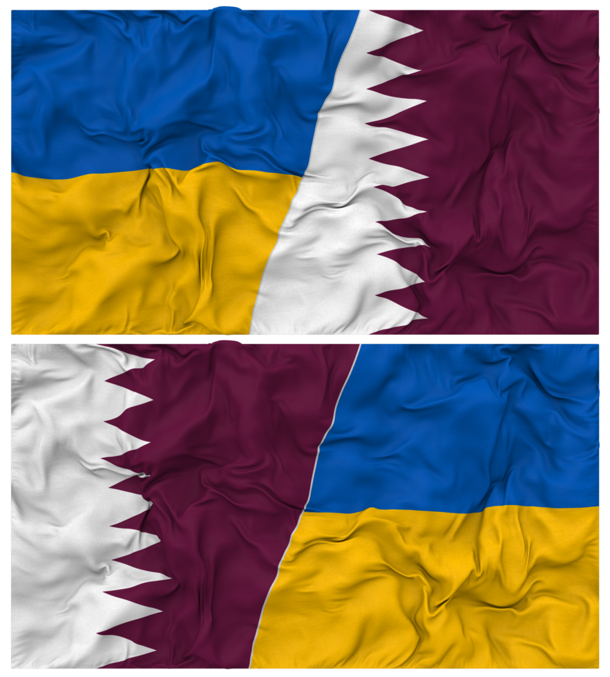Qatar and Ukraine Half Combined Flags Background with Cloth Bump Texture, Bilateral Relations, Peace and Conflict, 3D Rendering png