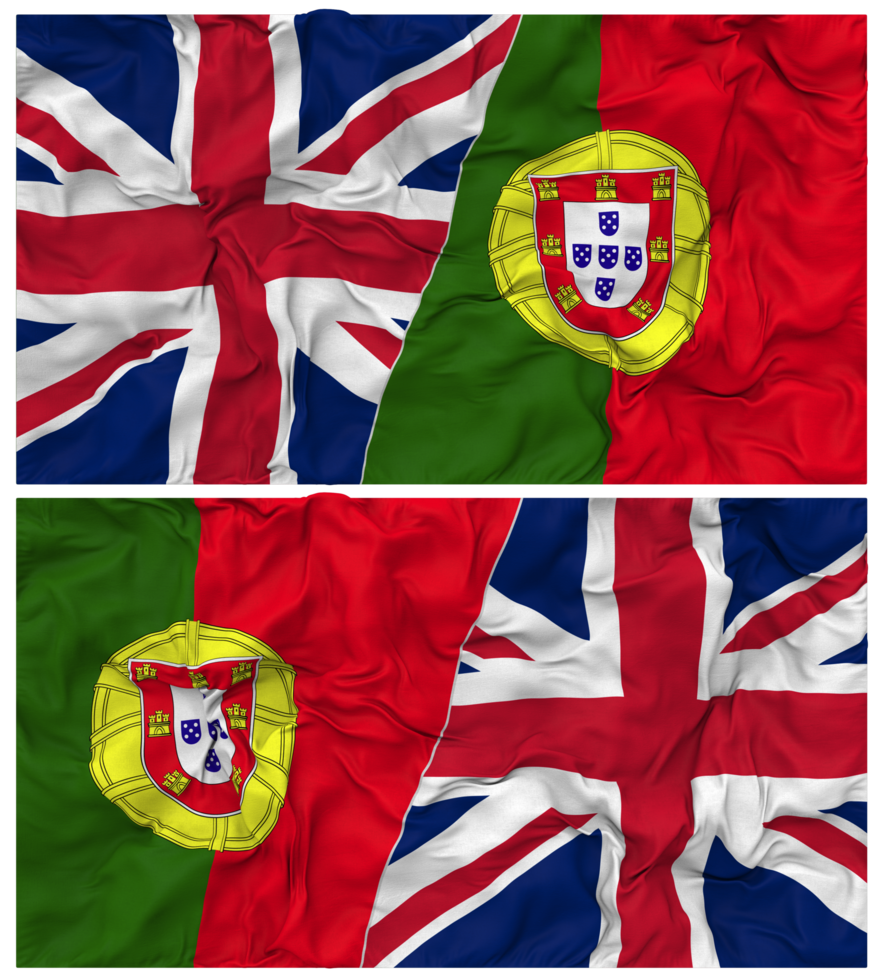 Portugal and United Kingdom Half Combined Flags Background with Cloth Bump Texture, Bilateral Relations, Peace and Conflict, 3D Rendering png