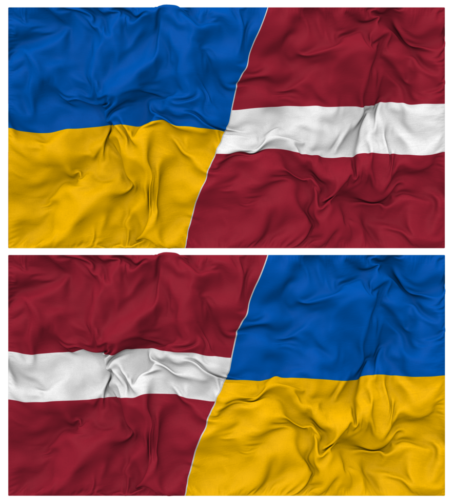 Latvia and Ukraine Half Combined Flags Background with Cloth Bump Texture, Bilateral Relations, Peace and Conflict, 3D Rendering png