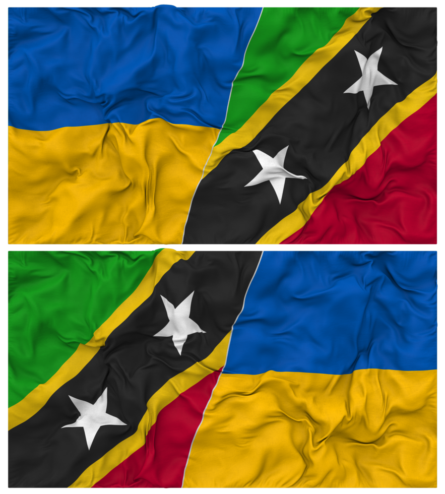 Saint Kitts and Nevis and Ukraine Half Combined Flags Background with Cloth Bump Texture, Bilateral Relations, Peace and Conflict, 3D Rendering png