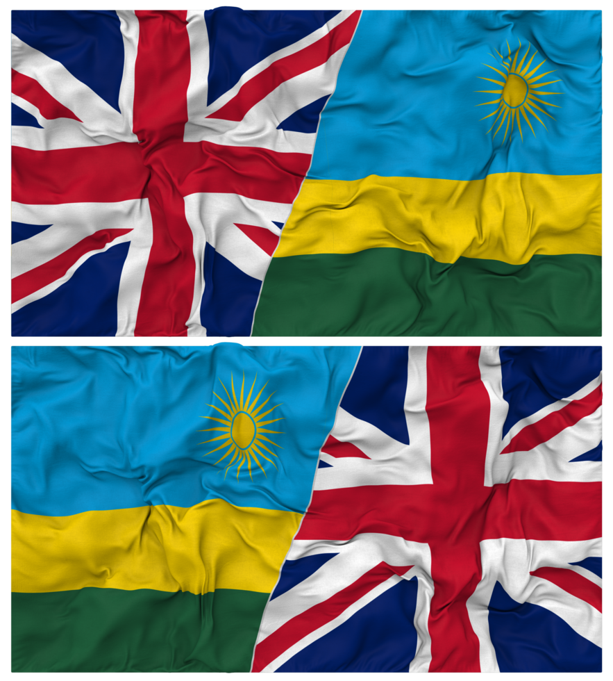 Rwanda and United Kingdom Half Combined Flags Background with Cloth Bump Texture, Bilateral Relations, Peace and Conflict, 3D Rendering png