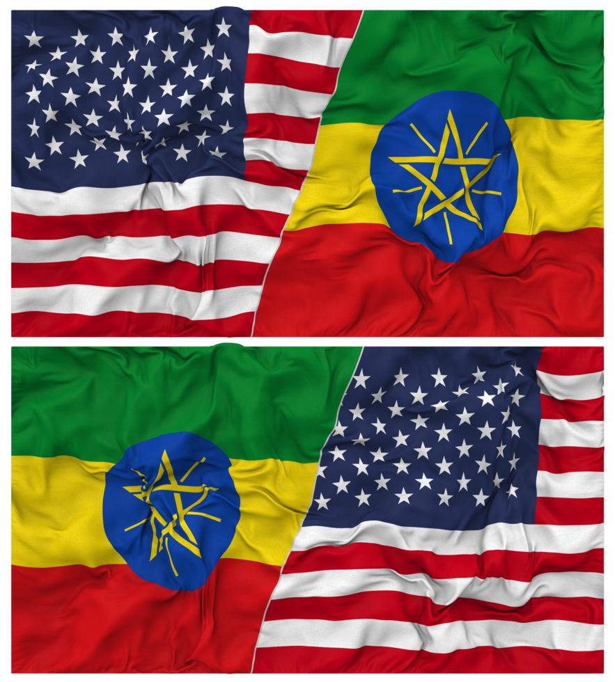 Ethiopia and United States Half Combined Flags Background with Cloth Bump Texture, Bilateral Relations, Peace and Conflict, 3D Rendering png