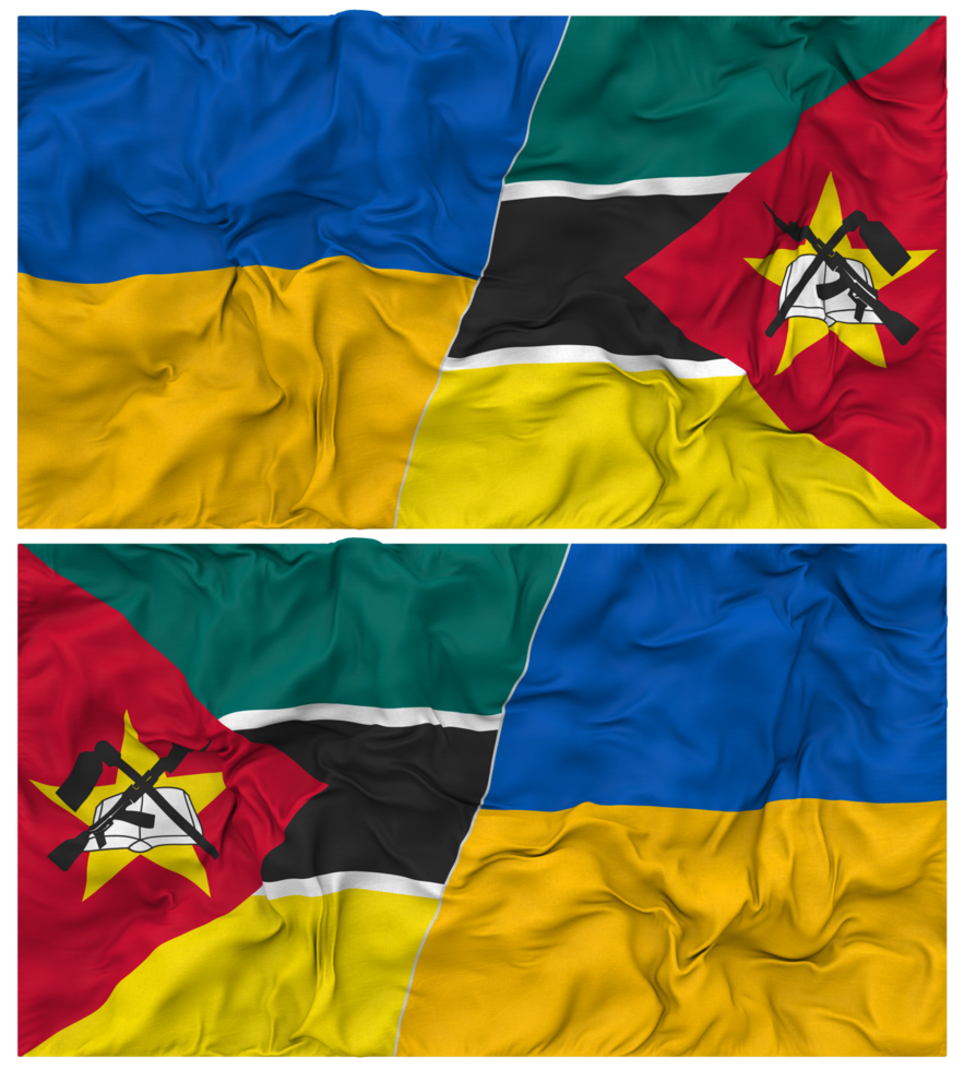 Mozambique and Ukraine Half Combined Flags Background with Cloth Bump Texture, Bilateral Relations, Peace and Conflict, 3D Rendering png
