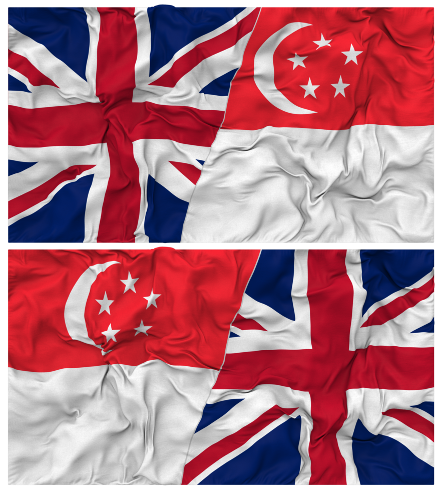 Singapore and United Kingdom Half Combined Flags Background with Cloth Bump Texture, Bilateral Relations, Peace and Conflict, 3D Rendering png