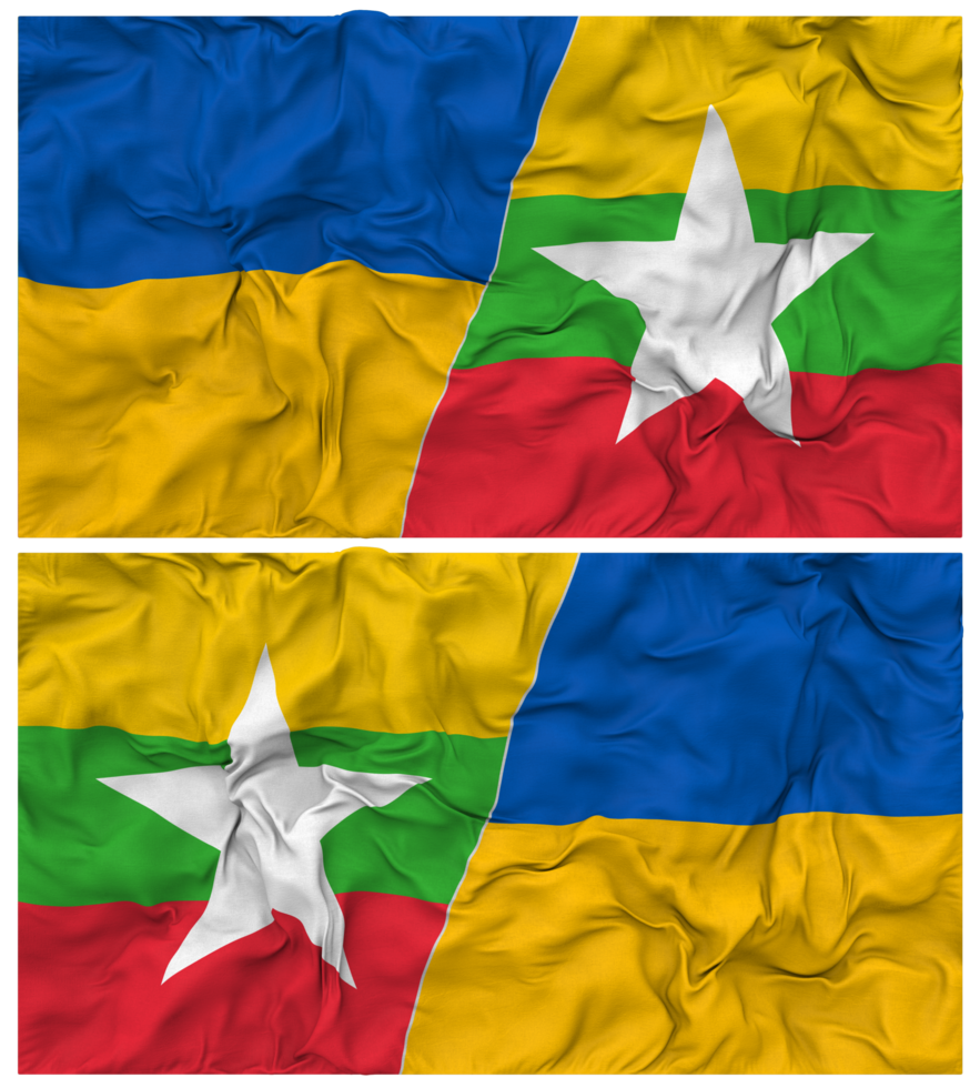 Myanmar, Burma and Ukraine Half Combined Flags Background with Cloth Bump Texture, Bilateral Relations, Peace and Conflict, 3D Rendering png