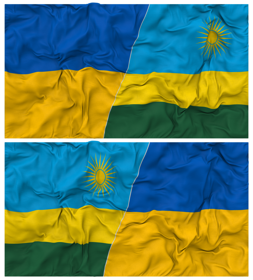 Rwanda and Ukraine Half Combined Flags Background with Cloth Bump Texture, Bilateral Relations, Peace and Conflict, 3D Rendering png