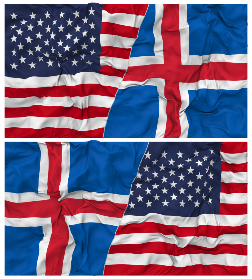 Iceland and United States Half Combined Flags Background with Cloth Bump Texture, Bilateral Relations, Peace and Conflict, 3D Rendering png