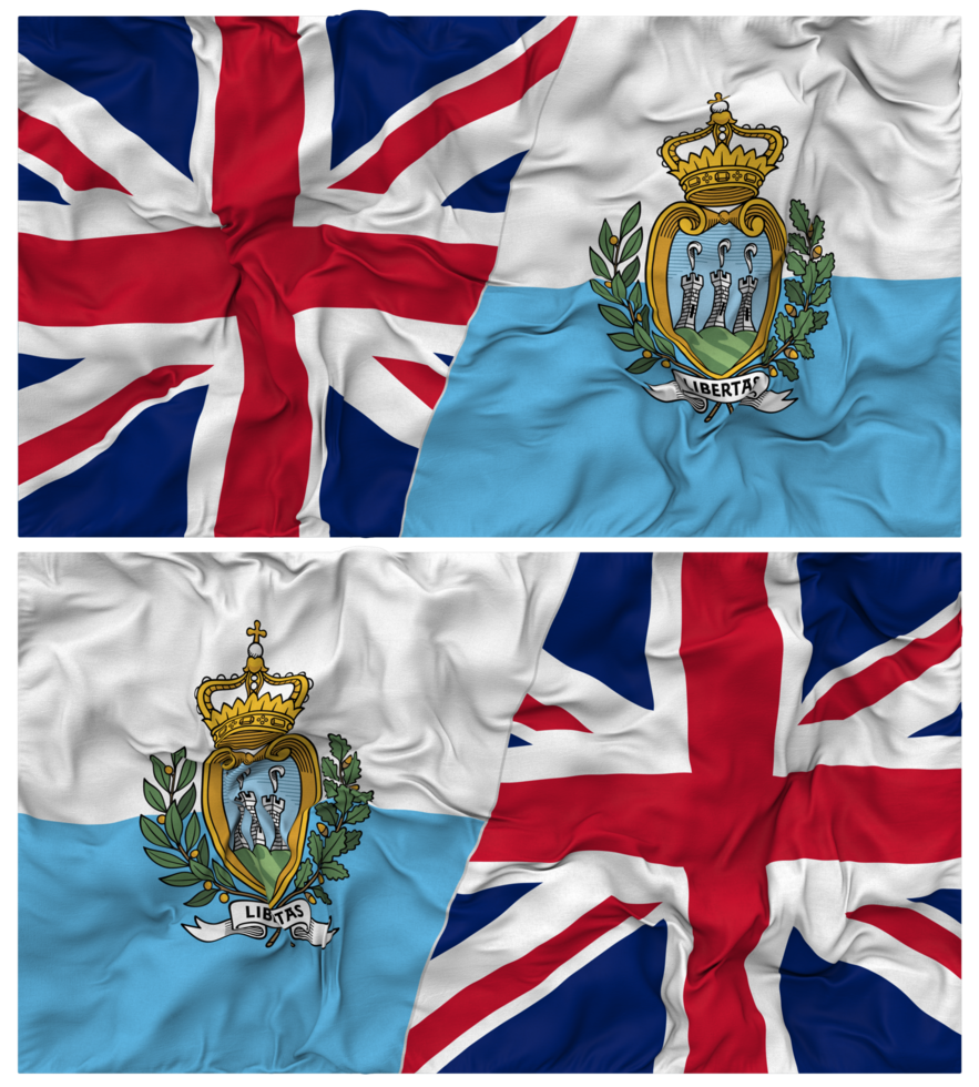 San Marino and United Kingdom Half Combined Flags Background with Cloth Bump Texture, Bilateral Relations, Peace and Conflict, 3D Rendering png
