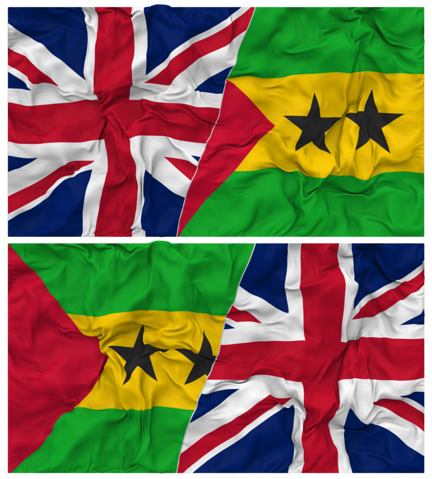 Sao Tome and Principe and United Kingdom Half Combined Flags Background with Cloth Bump Texture, Bilateral Relations, Peace and Conflict, 3D Rendering png