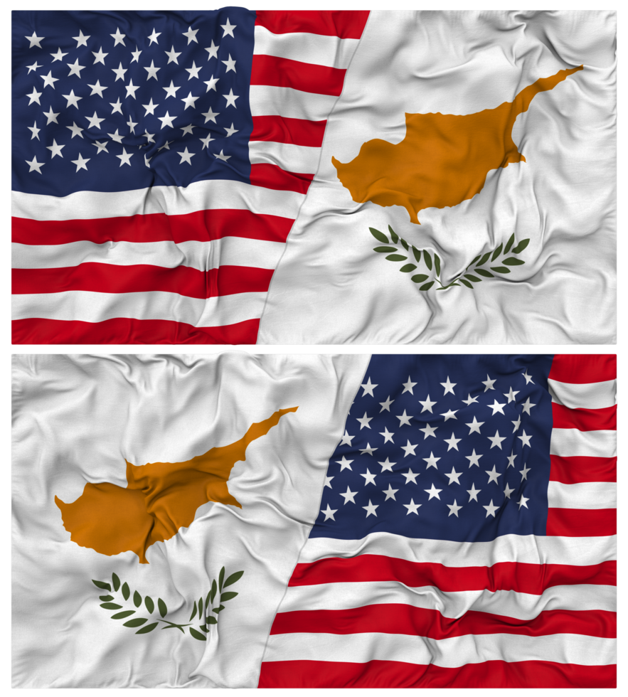 Cyprus and United States Half Combined Flags Background with Cloth Bump Texture, Bilateral Relations, Peace and Conflict, 3D Rendering png