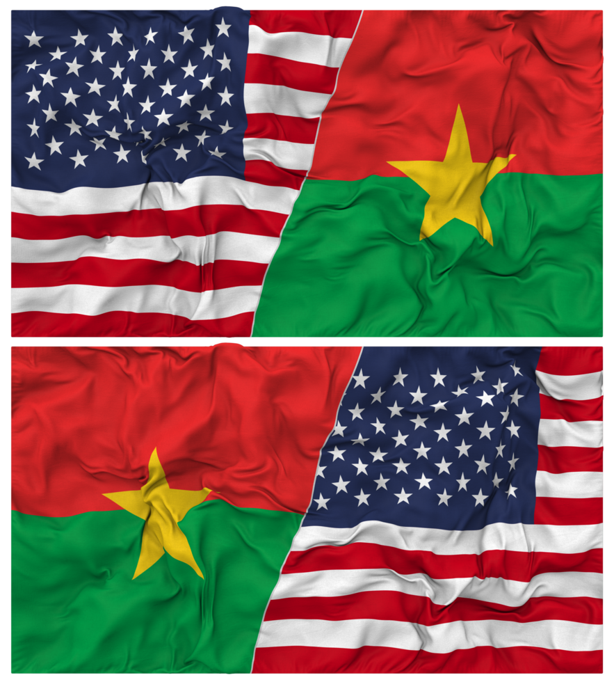 Burkina Faso and United States Half Combined Flags Background with Cloth Bump Texture, Bilateral Relations, Peace and Conflict, 3D Rendering png