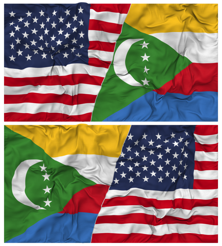 comores et uni États moitié combiné drapeaux Contexte avec tissu bosse texture, bilatéral rapports, paix et conflit, 3d le rendu png