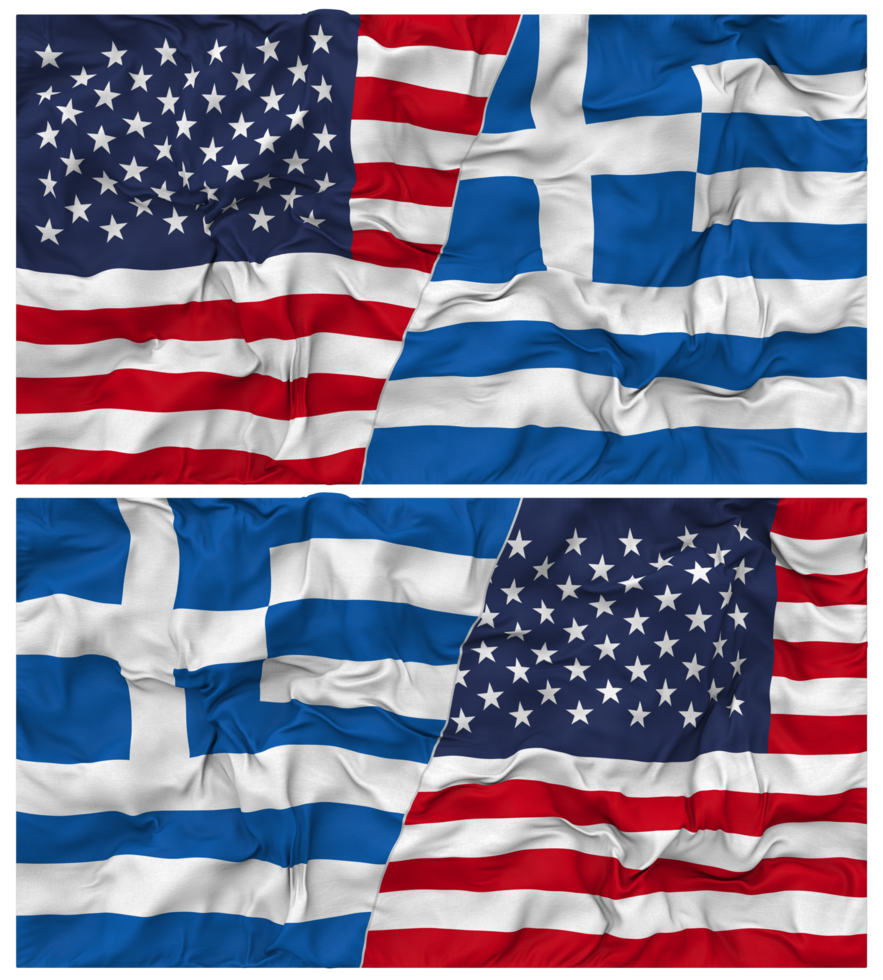 Greece and United States Half Combined Flags Background with Cloth Bump Texture, Bilateral Relations, Peace and Conflict, 3D Rendering png