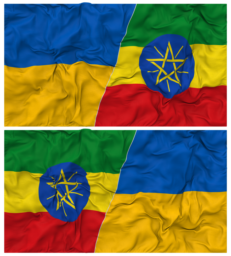 Ethiopia and Ukraine Half Combined Flags Background with Cloth Bump Texture, Bilateral Relations, Peace and Conflict, 3D Rendering png