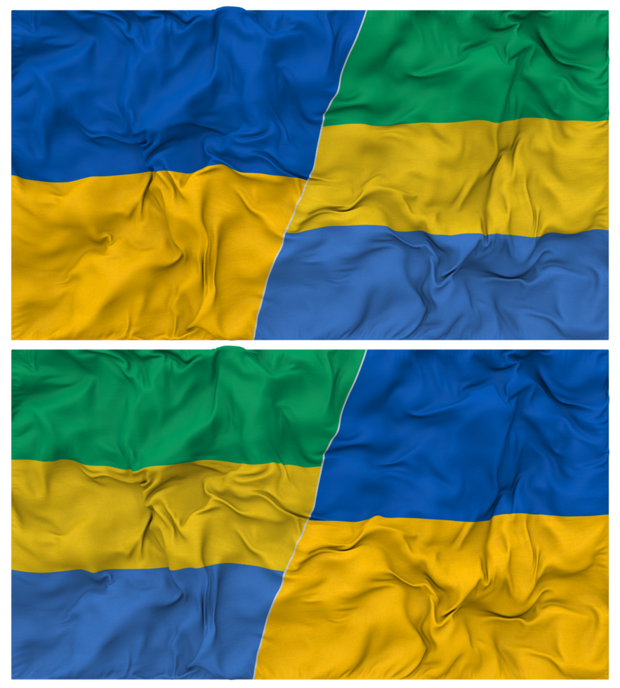 Gabon and Ukraine Half Combined Flags Background with Cloth Bump Texture, Bilateral Relations, Peace and Conflict, 3D Rendering png