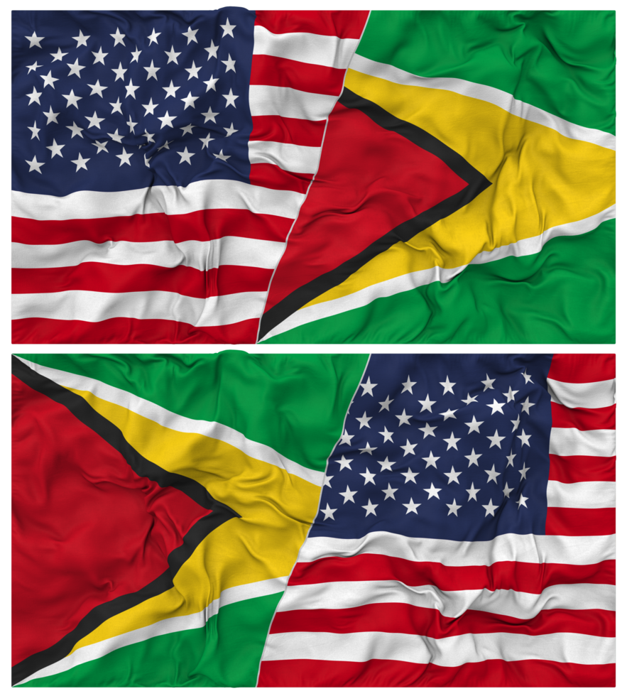Guyana and United States Half Combined Flags Background with Cloth Bump Texture, Bilateral Relations, Peace and Conflict, 3D Rendering png