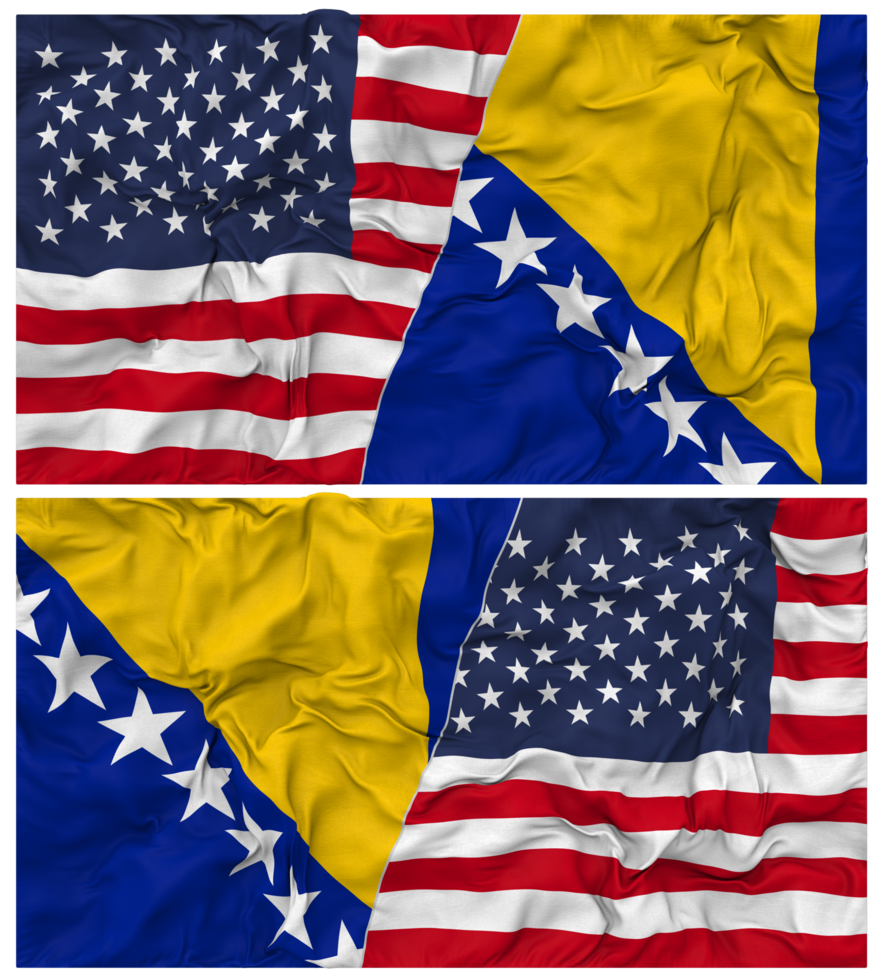 Bosnia and Herzegovina and United States Half Combined Flags Background with Cloth Bump Texture, Bilateral Relations, Peace and Conflict, 3D Rendering png